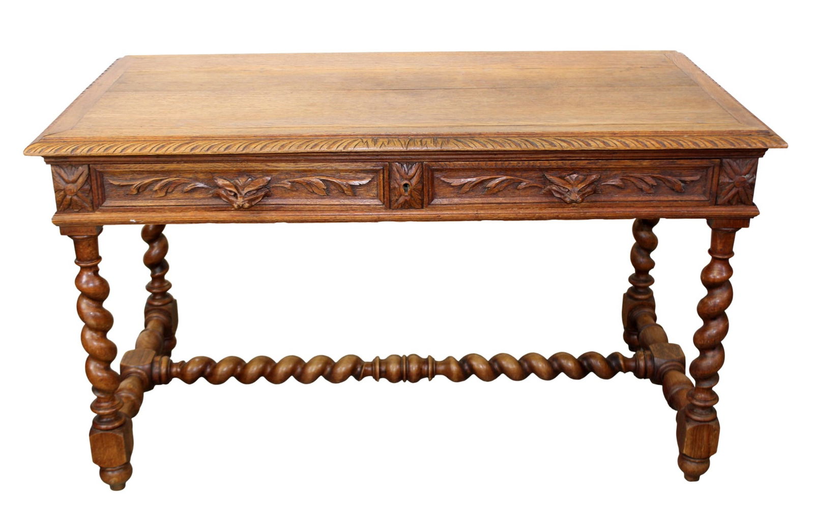 French Louis XIII style bureau plat desk in oak on barley twist legs (1 of 8)