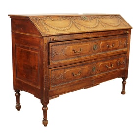 French Louis XVI style fall front secretary in oak with ribbon and garland carving