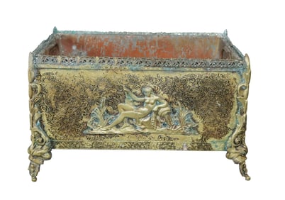 French jardiniere planter box in bronze with Rebecca at the well in relief
