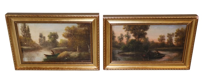 Companion pair of French oil on board landscape paintings