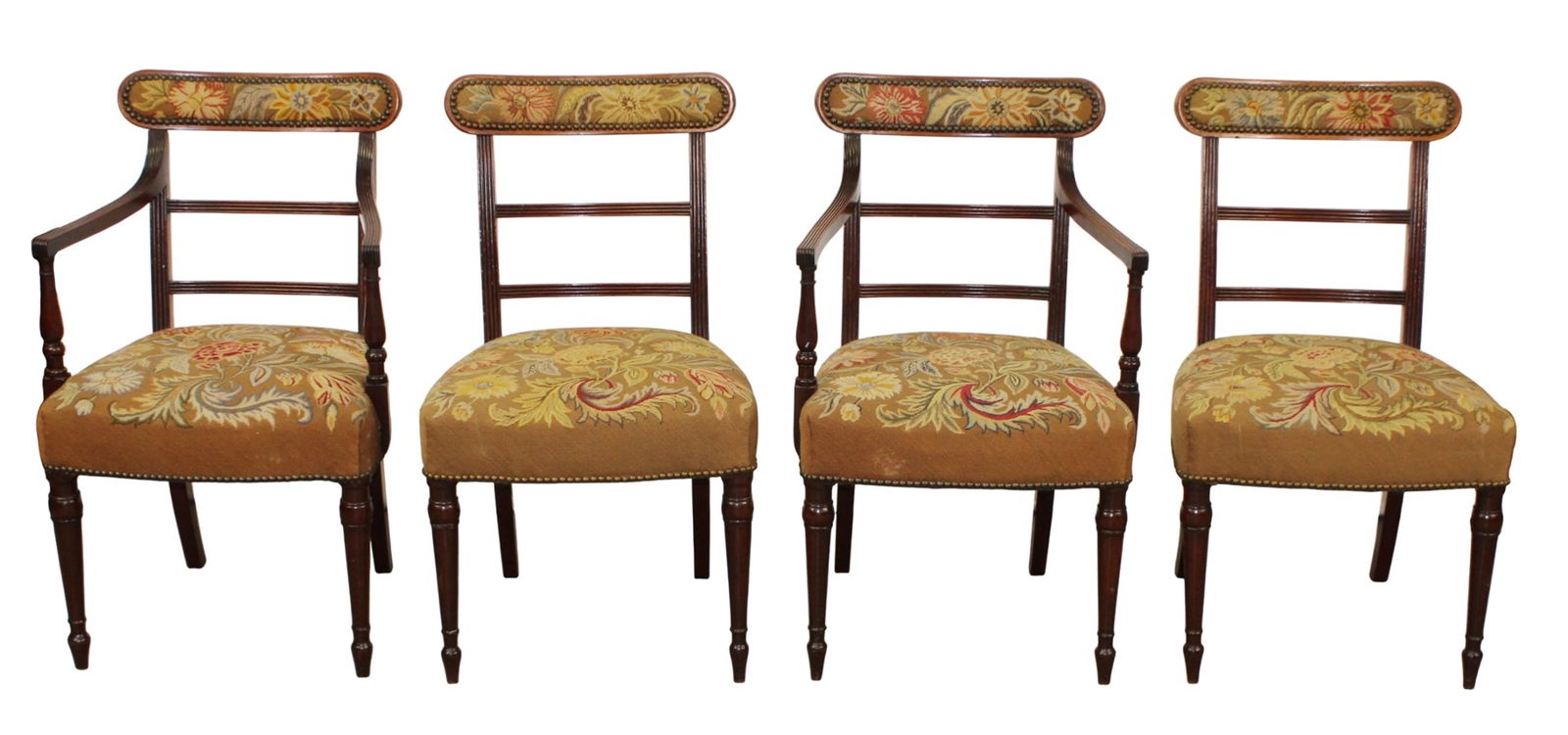 Set of 4 English Regency chairs in walnut with needlepoint and curved backs (1 of 13)