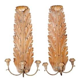 Pair of Italian acanthus carved wooden candle sconces