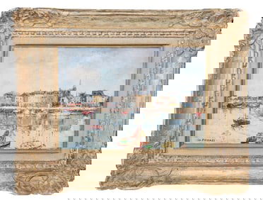 Charles Pollaci (1907-1989) oil on canvas painting waterfront scene "Vue d'Honfleur"