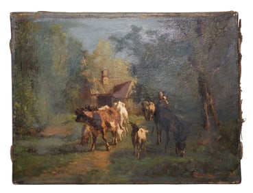 French oil on canvas painting pastoral landscape with cows