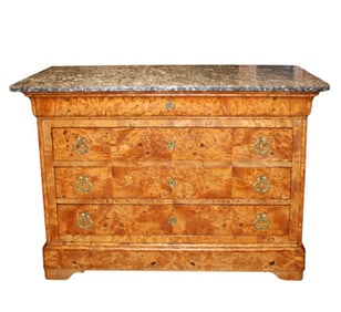 French Louis Philippe burled blond walnut commode with marble top