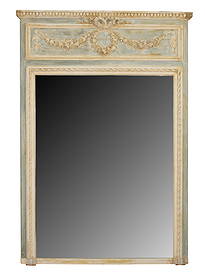French Louis XVI painted trumeau mirror with flowering garland and bow: French Louis XVI painted trumeau mirror with flowering garland and bow. Late 19th century. 67"h x 47 1/4"w