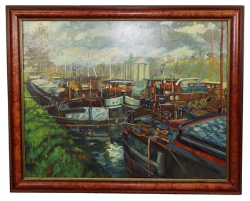 Christophe DuFlot oil on canvas painting French canal scene with boats