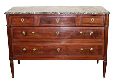 French Louis XVI style 3 over 2 drawer commode in walnut with marble top