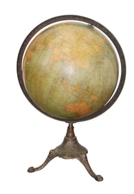 W & AK Johnston 18" world globe on tri-ped iron stand with paw feet
