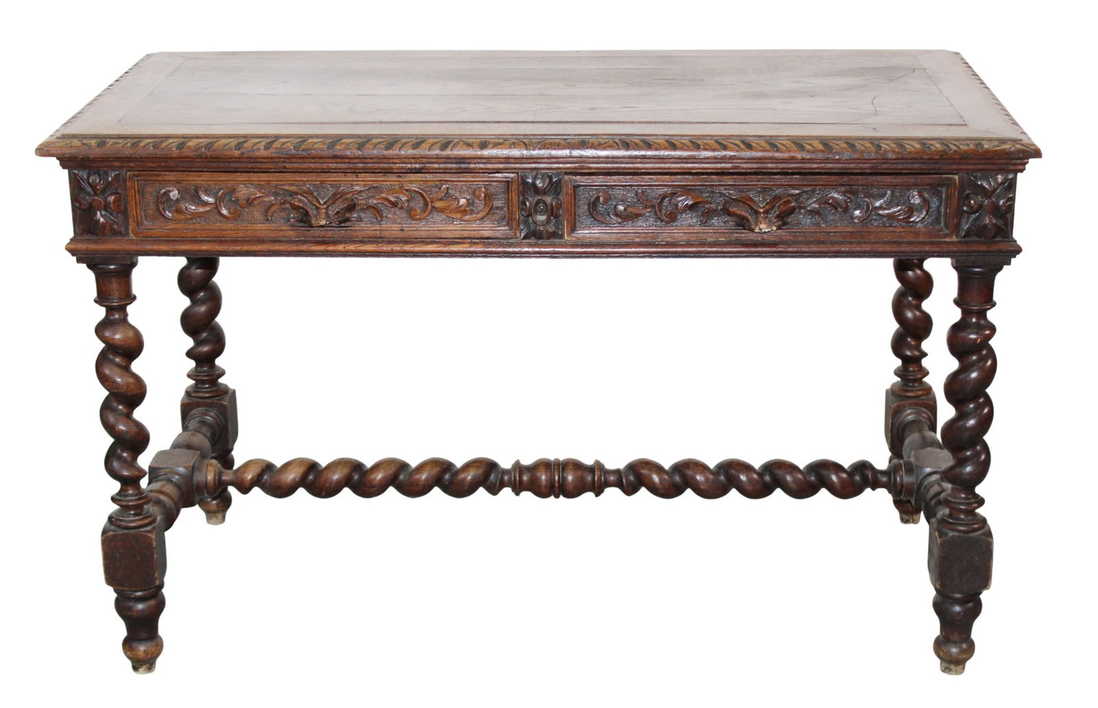 French bureau plat desk in oak with 2 drawers on barley twist legs (1 of 12)