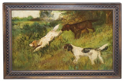 Oil on canvas painting hunting dogs in pasture