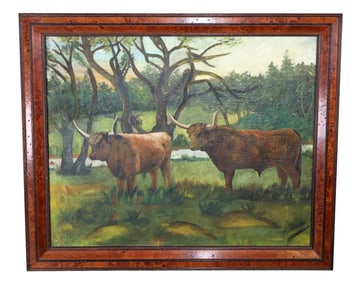 Oil on canvas pastoral landscape with cows