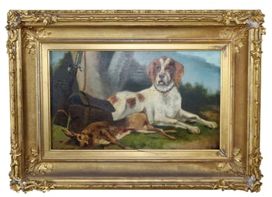 Oil on canvas painting of a dog with rabbit.