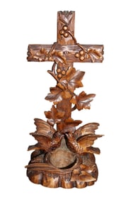 Black Forest carved walnut cross with birds