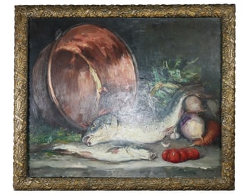 French oil on canvas still life painting with fish