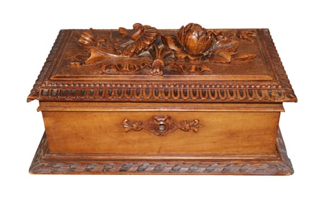French relief carved walnut dresser box with flowers