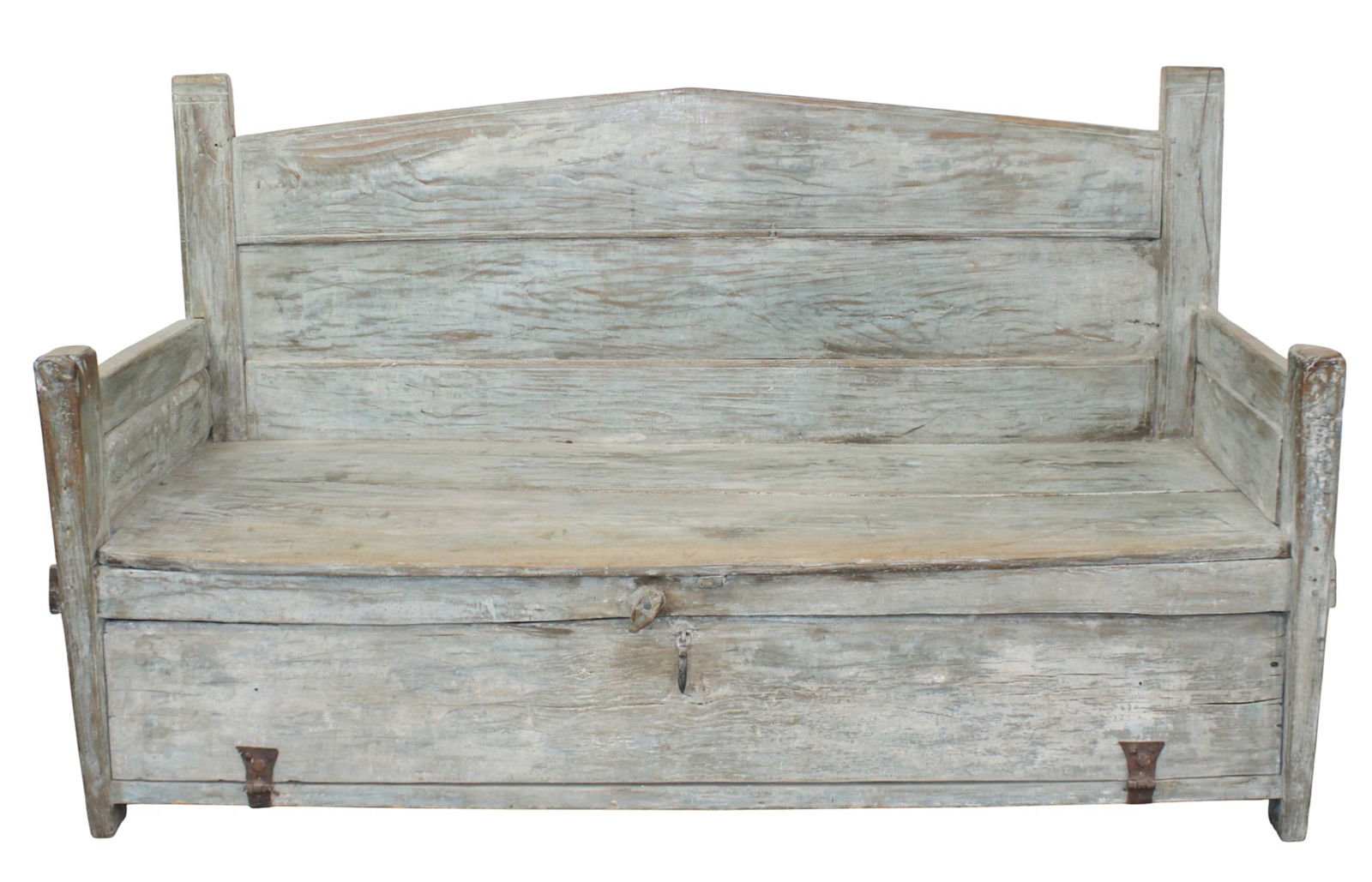 French rustic farmhouse bench in oak with painted finish: French rustic farmhouse bench in oak with painted finish. Drop front panel under seat. 19th century. 40"h x 67"w x 27 1/2"d