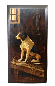 Oil on board painting of a dog in barn