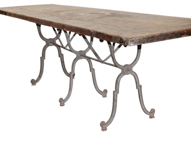 French cast iron triple pedestal base cafe table with wooden top