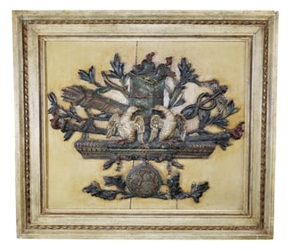 French relief carved and painted boiserie panel with love birds
