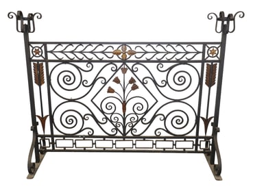 French forged iron fire screen with arrows and flower