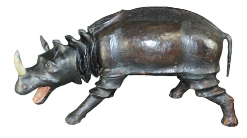 French 19th century leather rhino sculpture with glass eyes