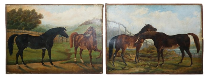 Pair of oil on canvas adhered to board paintings of horses