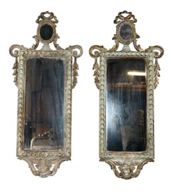 Pair of French Louis XVI style carved and polychrome wooden mirrors