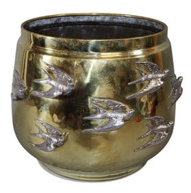 French polished brass cachepot with birds in relief