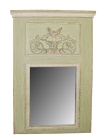 French Louis XVI style green & cream painted trumeau mirror