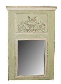 French Louis XVI style green & cream painted trumeau mirror: French Louis XVI style green & cream painted trumeau mirror. Late 19th century. 57 1/4"h x 38 1/2"w