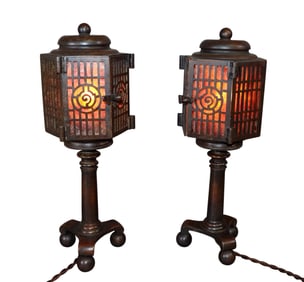 Pair of Arts & Crafts style bronze lantern form lamps