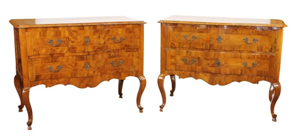 Pair of Italian 2 drawer commodes on legs in burled walnut
