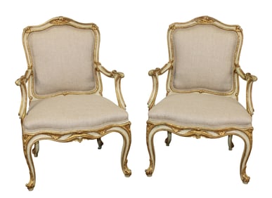 Pair of Italian Louis XV style parcel gilt and painted armchairs