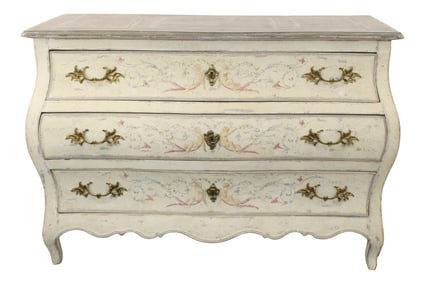 French Louis XV style bombe 3 drawer commode with painted finish