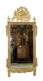 French Louis XVI painted and gold leaf mirror with elaborate carved crest with lovebirds