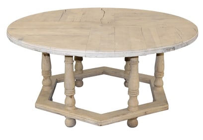 French round table in bleached oak on turned legs with octagonal base
