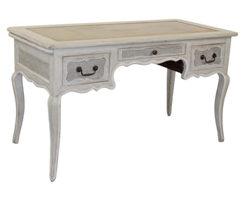 French Louis XV style bureau plat desk in walnut with painted finish and leather top