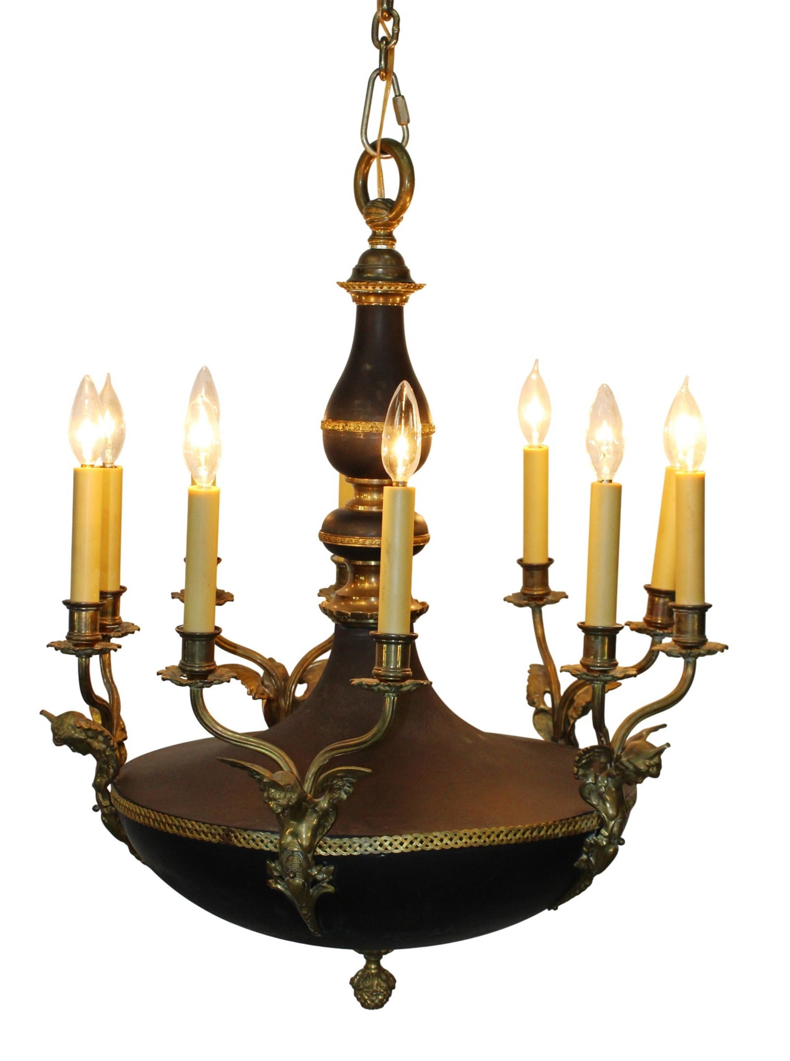 French Empire style 10-arm chandelier with bronze caryatids: French Empire style 10-arm chandelier with bronze caryatids. Early 20th century. 33"h x 24 1/2"dia