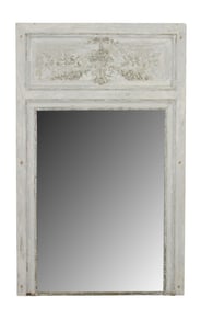 French Louis XVI painted trumeau mirror with flowering basket and rose garland.