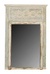 French Louis XVI blue & white trumeau mirror with olive leaf carvings