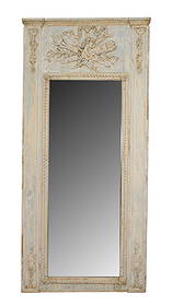 French Louis XVI trumeau mirror with torch and quiver crest: French Louis XVI trumeau mirror with torch and quiver crest. Original 2 part glass. 18th century. 89 3/4"h x 42 1/2"w