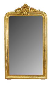 French Louis Philippe gold leaf mirror with carved crest: French Louis Philippe gold leaf mirror with carved crest. 19th century. 71"h x 40 1/2"w
