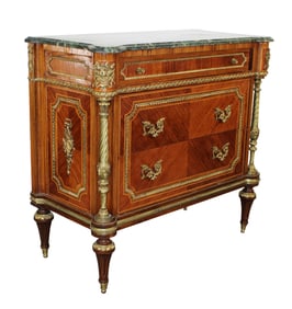 Louis XVI style bronze mount 3 drawer commode with marble top