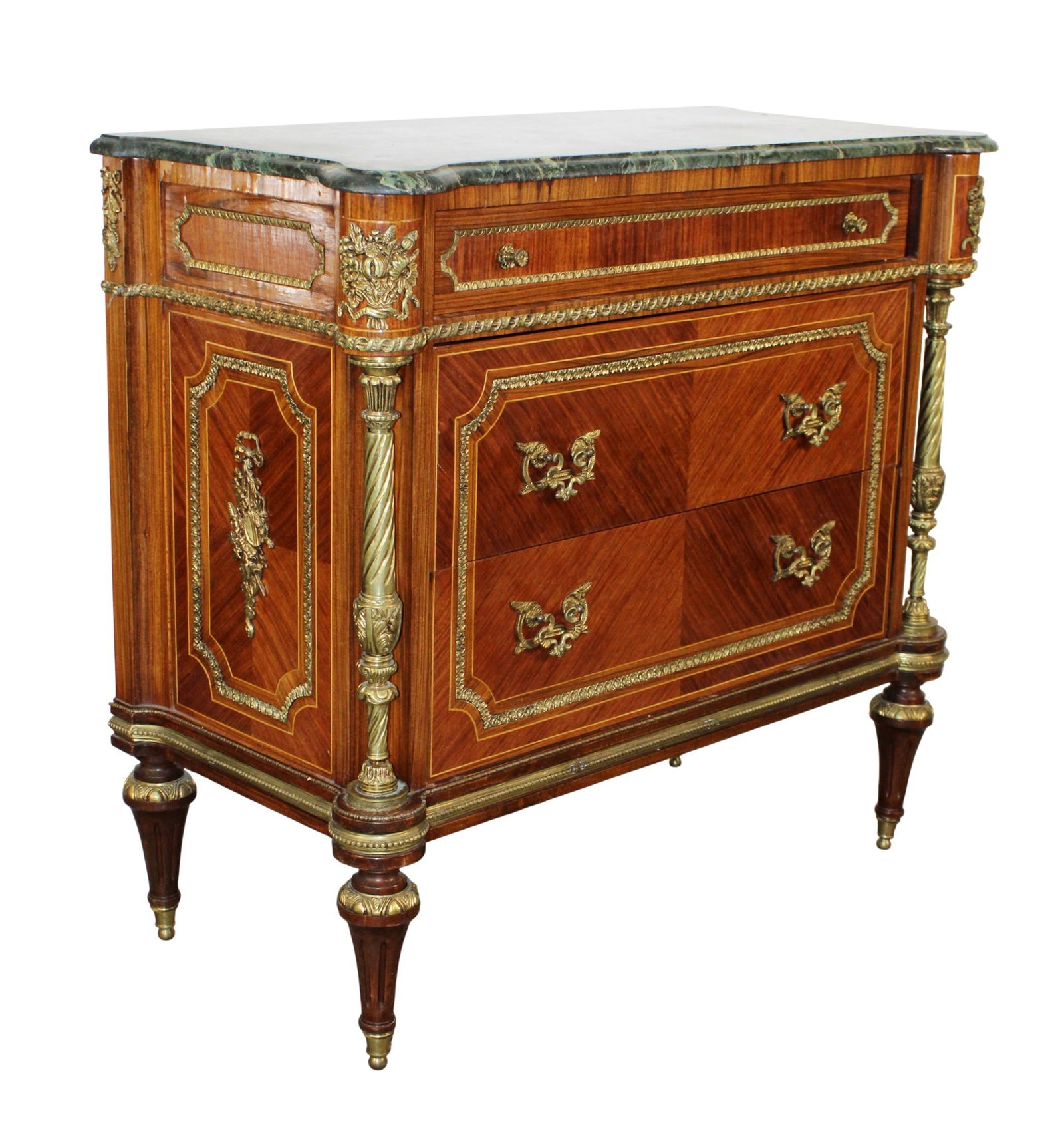 Louis XVI style bronze mount 3 drawer commode with marble top (1 of 12)