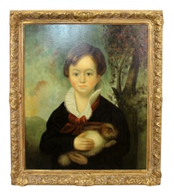 Chelsea House reproduction oil on canvas after English painting of boy with rabbit