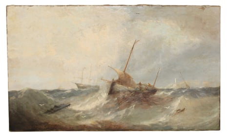 Oil on canvas painting of seascape with ships, unsigned