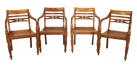 Lot of 4 British Colonial slatted armchairs in teak