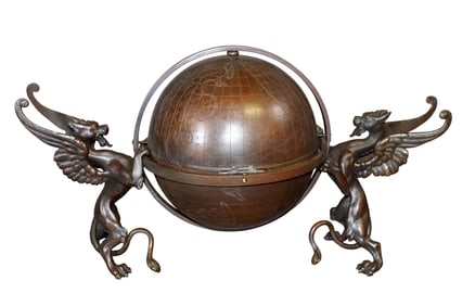 Bronze desk top globe inkwell with dragon supports
