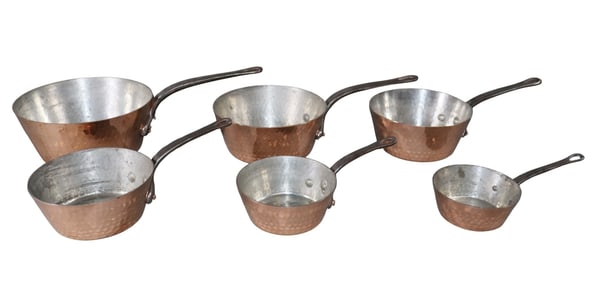 Set of 6 French hammered copper nesting pots